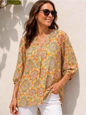 560 STYLUS Yellow Medallion Floral High Low Tunic Blouse XL Boho Lightweight